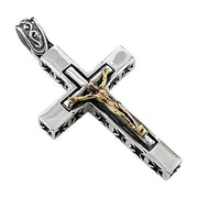 Yellow Gold Jesus Cross Crucifix Sterling Silver Men's Pendant